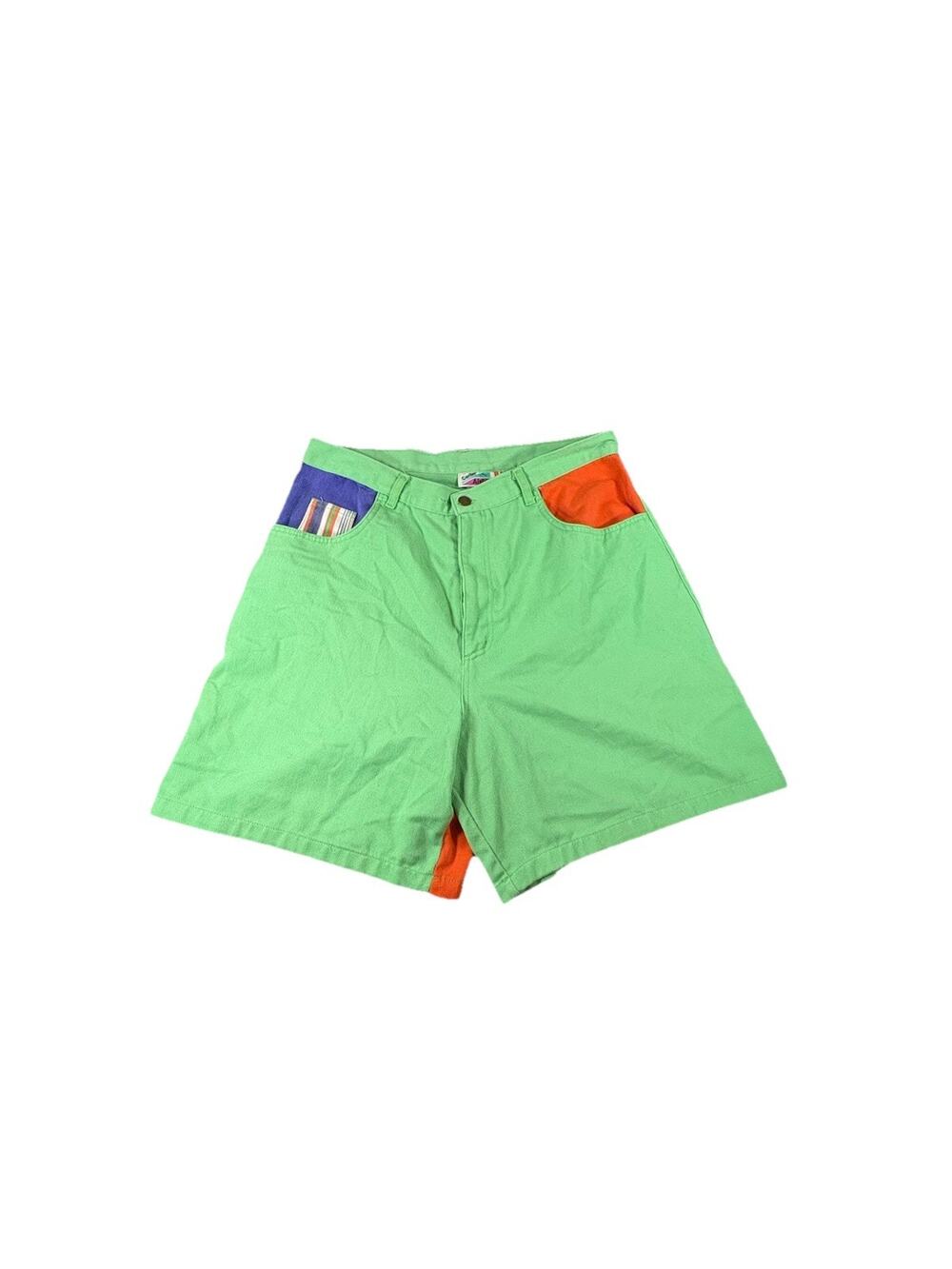 Vintage Center Aisle Plus Neon Green Color Block Shorts Women’s 20W Retro 80s